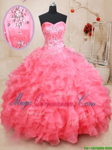 Pink Lace Up Sweetheart Beading and Ruffles Vestidos de Quinceanera Organza Sleeveless