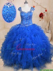 Blue 15th Birthday Dress Military Ball and Sweet 16 and Quinceanera and For with Beading and Ruffles Straps Cap Sleeves Lace Up