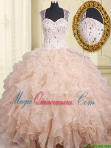 Straps Straps Organza Cap Sleeves Floor Length Quinceanera Dresses and Beading and Ruffles