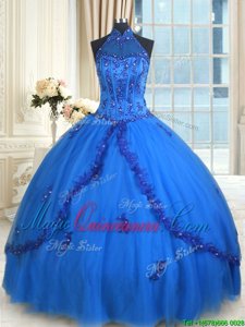 Colorful Halter Top See Through Beading and Appliques Quinceanera Dresses Blue Lace Up Sleeveless Floor Length