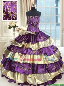 Glorious Ruffled Strapless Sleeveless Lace Up Quinceanera Dress Purple and Gold Taffeta