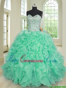 Turquoise Organza and Sequined Lace Up Sweetheart Sleeveless Floor Length Sweet 16 Quinceanera Dress Beading and Ruffles