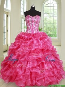 Hot Pink Ball Gowns Organza Sweetheart Sleeveless Beading and Ruffles Floor Length Lace Up Quinceanera Dresses