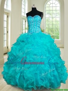 Beading and Ruffles Sweet 16 Dress Teal Lace Up Sleeveless Floor Length