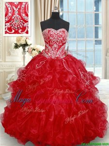 High Class Red Organza Lace Up Sweet 16 Quinceanera Dress Sleeveless Brush Train Beading and Embroidery and Ruffled Layers