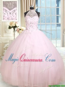 Luxurious Halter Top Sleeveless Floor Length Beading Lace Up Quince Ball Gowns with Baby Pink