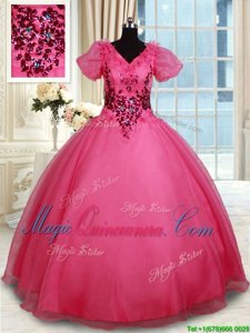 Coral Red Lace Up V-neck Beading Sweet 16 Dresses Organza Short Sleeves