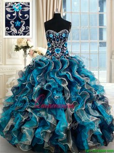 Top Selling Sweetheart Sleeveless Vestidos de Quinceanera Brush Train Beading and Embroidery and Ruffles Multi-color Organza