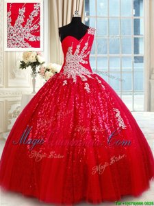 One Shoulder Red Sleeveless Beading and Appliques Floor Length Quinceanera Gowns