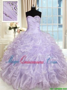 Floor Length Lace Up Vestidos de Quinceanera Lavender and In for Military Ball and Sweet 16 and Quinceanera with Beading and Ruffles