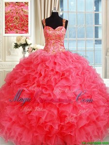 Straps Straps Coral Red Organza Lace Up Vestidos de Quinceanera Sleeveless Floor Length Beading and Ruffles