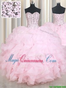 Dynamic Sweetheart Sleeveless Lace Up Quince Ball Gowns Baby Pink Organza