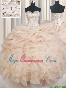 Pick Ups Champagne Sleeveless Organza Lace Up Vestidos de Quinceanera for Military Ball and Sweet 16 and Quinceanera