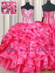 Ball Gowns Quinceanera Gown Hot Pink Sweetheart Organza Sleeveless Floor Length Lace Up