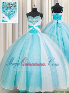 Attractive Beading Quinceanera Gown White and Blue Lace Up Sleeveless Floor Length