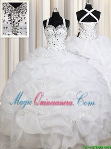 Straps Straps White Organza Lace Up Sweet 16 Dresses Sleeveless Floor Length Beading and Ruffles and Pick Ups