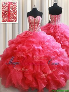 Adorable Coral Red Lace Up Quinceanera Dress Beading and Ruffles Sleeveless Floor Length