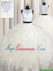 Champagne Two Pieces Scoop Sleeveless Organza Floor Length Lace Up Beading and Ruffles Quinceanera Gown