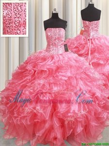 Amazing Strapless Sleeveless Vestidos de Quinceanera Floor Length Beading and Ruffles Pink Organza