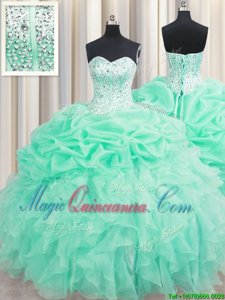 Free and Easy Apple Green Sweetheart Neckline Beading and Ruffles and Pick Ups Sweet 16 Dresses Sleeveless Lace Up