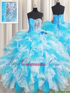 Cheap Blue And White Lace Up Quinceanera Dresses Ruffles and Sequins Sleeveless Floor Length