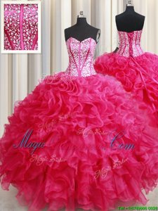 Hot Pink Lace Up Sweetheart Beading and Ruffles Sweet 16 Quinceanera Dress Organza Sleeveless