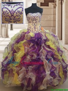 Multi-color Lace Up Quinceanera Dress Beading and Ruffles Sleeveless Floor Length