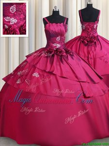 Fine Straps Straps Burgundy Ball Gowns Embroidery and Hand Made Flower Ball Gown Prom Dress Lace Up Satin Sleeveless Floor Length