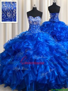 Superior Organza Sweetheart Sleeveless Brush Train Lace Up Beading and Ruffles Sweet 16 Dress in Royal Blue