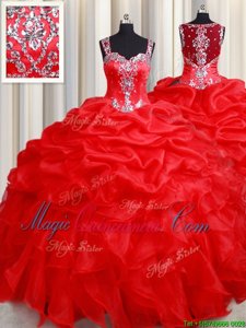 Eye-catching Red Organza Zipper Straps Sleeveless Floor Length Quince Ball Gowns Beading and Ruffles