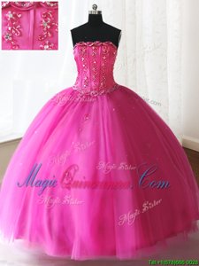 Fantastic Hot Pink Sleeveless Floor Length Beading Lace Up Quinceanera Gown