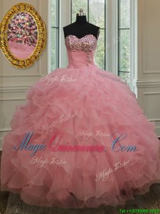 Inexpensive Baby Pink Lace Up Quince Ball Gowns Beading and Ruffles and Sequins Sleeveless