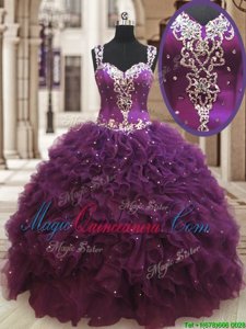 Floor Length Dark Purple 15 Quinceanera Dress Straps Sleeveless Zipper