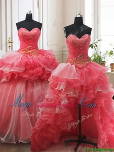 Three Piece Sleeveless Brush Train Beading and Ruffled Layers Lace Up 15 Quinceanera Dress