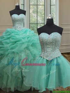 Three Piece Turquoise Sweetheart Neckline Beading and Ruffles and Pick Ups Quinceanera Gown Sleeveless Lace Up