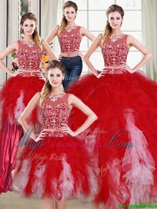 Luxurious Four Piece White and Red Two Pieces Scoop Sleeveless Tulle Floor Length Zipper Beading and Ruffles Sweet 16 Quinceanera Dress