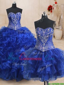 Three Piece Beading and Ruffles Quinceanera Gown Royal Blue Lace Up Sleeveless With Brush Train