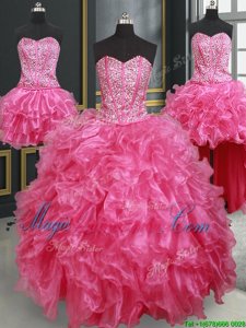 Luxury Four Piece Hot Pink Ball Gowns Beading and Ruffles Vestidos de Quinceanera Lace Up Organza Sleeveless Floor Length