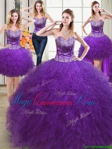 Customized Four Piece Eggplant Purple Sweetheart Lace Up Beading and Ruffles Ball Gown Prom Dress Sleeveless