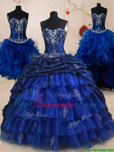 Four Piece Pick Ups Ruffled Sweetheart Sleeveless Brush Train Lace Up Quinceanera Dress Royal Blue Organza and Taffeta