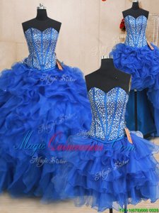 On Sale Four Piece Royal Blue Lace Up Sweet 16 Dresses Beading and Ruffles Sleeveless Floor Length