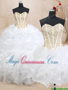 Three Piece White Ball Gowns Beading and Ruffles Quince Ball Gowns Lace Up Organza Sleeveless Floor Length