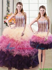 Custom Made Three Piece Floor Length Lace Up Quince Ball Gowns Multi-color and In for Military Ball and Sweet 16 and Quinceanera with Beading and Ruffles