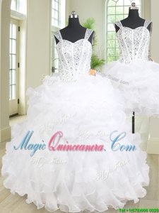 Three Piece Organza Straps Sleeveless Lace Up Beading and Ruffles Quince Ball Gowns in White