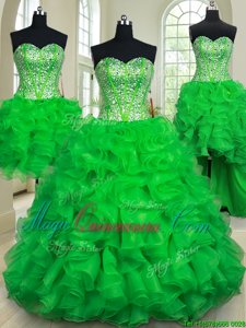 Four Piece Sleeveless Floor Length Beading and Ruffles Lace Up Ball Gown Prom Dress with Green