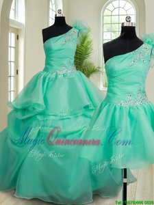 Three Piece One Shoulder Turquoise Organza Lace Up Quinceanera Dresses Sleeveless Floor Length Beading and Hand Made Flower