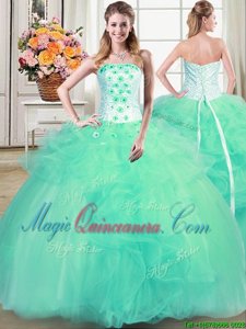 Turquoise Lace Up Ball Gown Prom Dress Beading and Appliques and Ruffles Sleeveless Floor Length