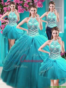 Four Piece Halter Top Floor Length Lace Up Sweet 16 Quinceanera Dress Aqua Blue and In for Military Ball and Sweet 16 and Quinceanera with Beading and Pick Ups