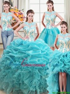 Four Piece Aqua Blue Quinceanera Dress Military Ball and Sweet 16 and Quinceanera and For with Beading and Ruffles Scoop Sleeveless Lace Up