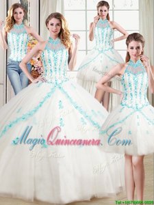 Four Piece Halter Top White Ball Gowns Beading and Appliques 15th Birthday Dress Lace Up Tulle Sleeveless Floor Length